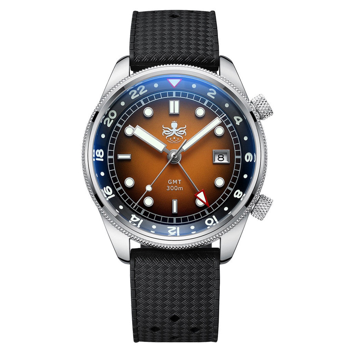 PHOIBOS Eagle Ray 300-Meter Dual-Time GMT Dive Watch with Orange Dial #PX023F